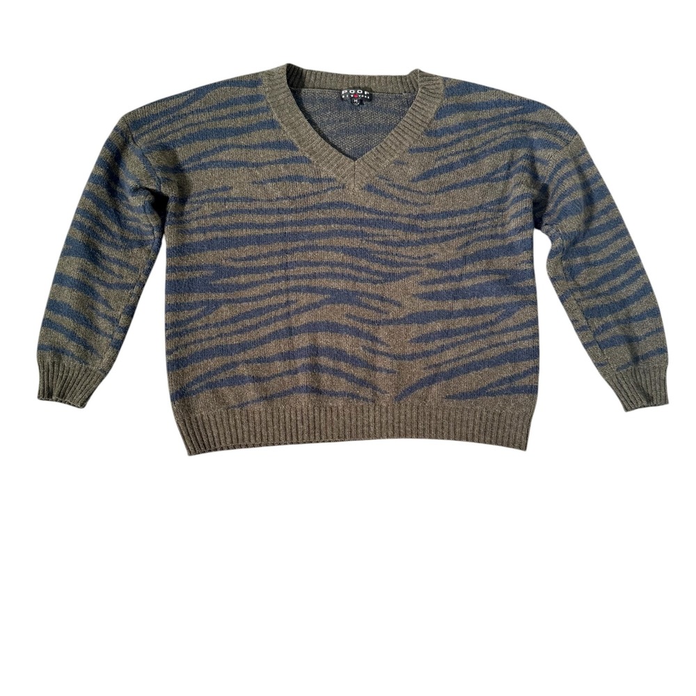 POOF NEW YORK Medium Olive Blue Zebra Print Knit V-Neck Girl's Sweater